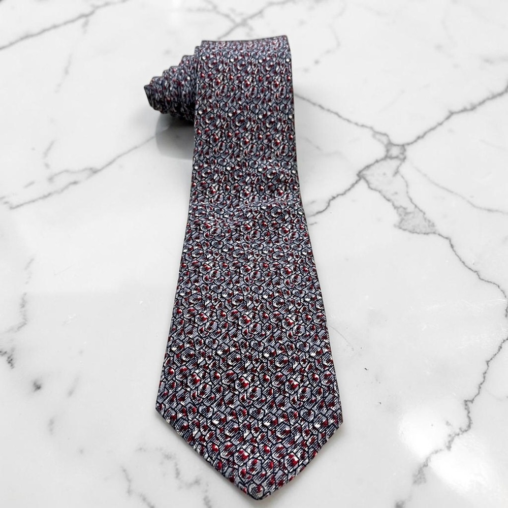 Vintage 80s Ted Lapidus Paris Silk Tie Gray Red Geometric Necktie Repairable